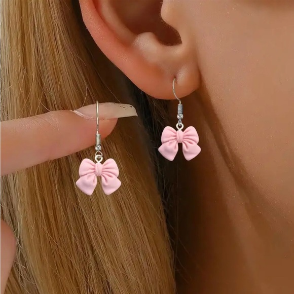 Pink Bow Coquette Dangle Earrings Girly Fashion - Picture 2 of 2